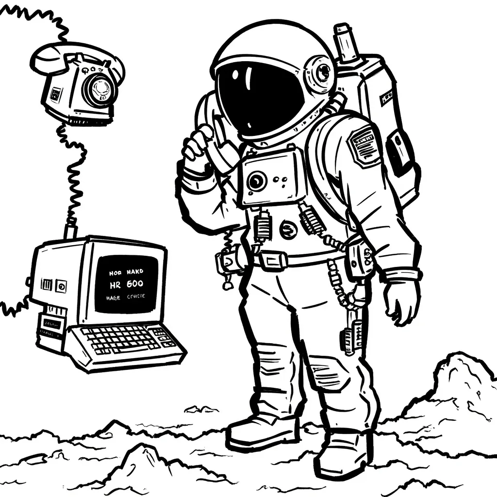 Astronaut on phone with vintage computer nearby