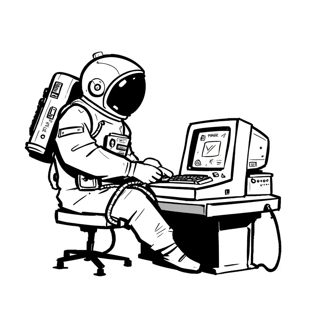Astronaut typing on a vintage computer